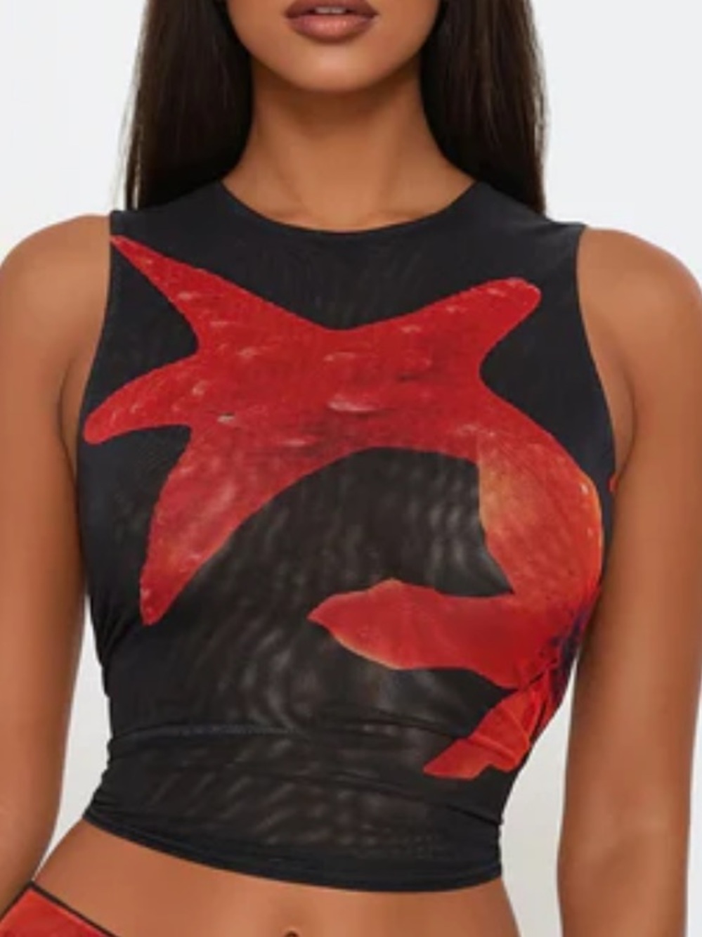 Fashion Nova Black Mesh Top with Red Graphic Accent